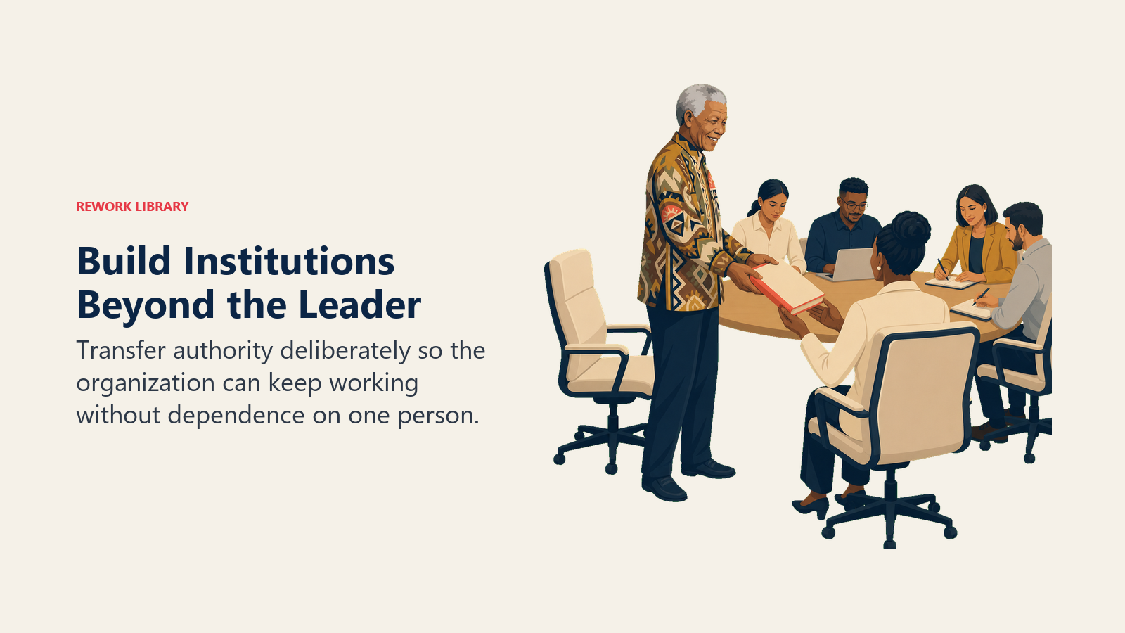 Nelson Mandela transferring an operating handbook to a successor while the team continues working