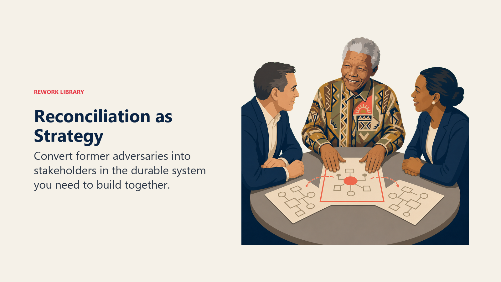 Nelson Mandela helping former adversaries combine separate plans into one shared operating system