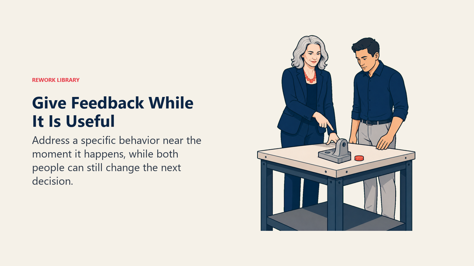 Patty McCord coaching a manager with specific feedback beside the current work