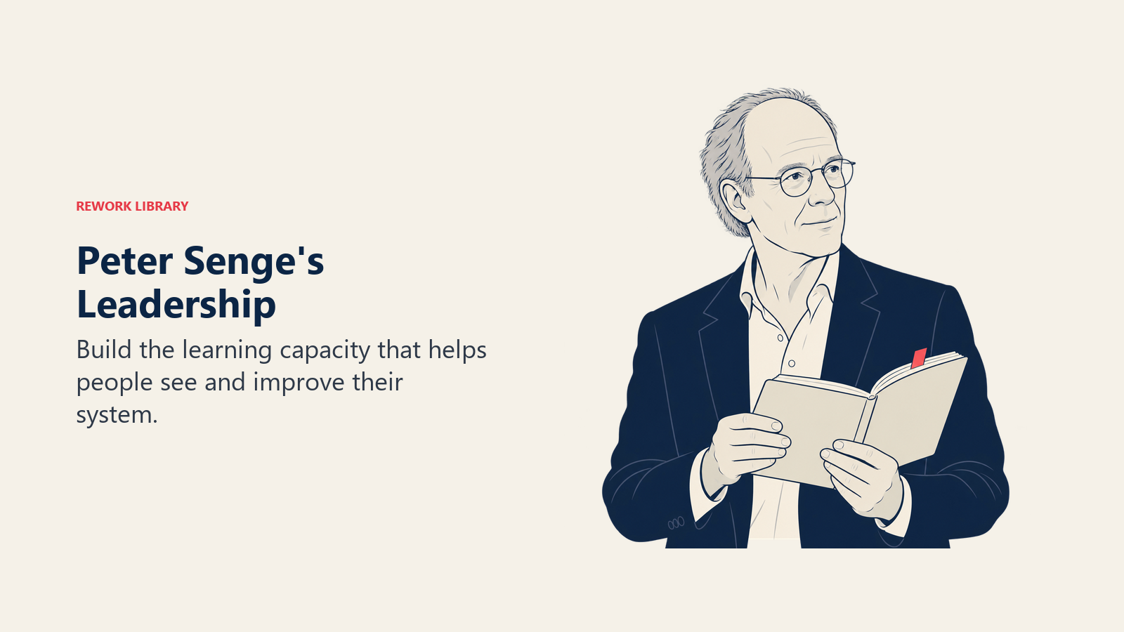 A Liderança de Peter Senge: Peter Senge segurando um caderno de aprendizado.