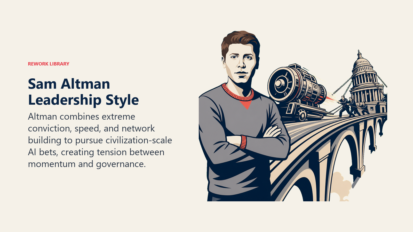 Sam Altman accelerating an AI engine across a civilization-scale bridge as governance strains to keep pace