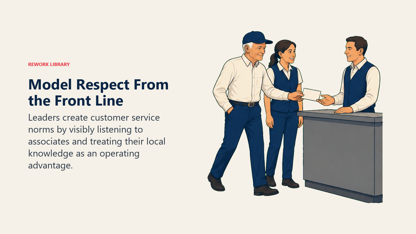 Model Respect From the Front Line: Sam Walton actively works with an associate insight card and a customer-service improvement at a waist-height counter.