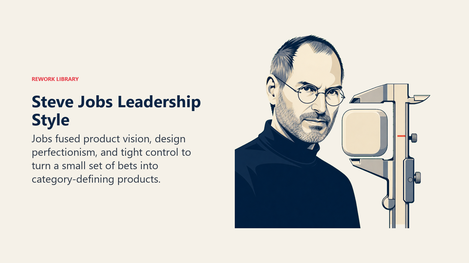 Steve Jobs leadership style illustrated with a precision caliper and focused product design
