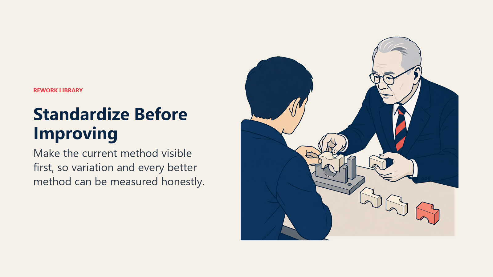 Taiichi Ohno coaching a worker to establish a visible standard before measuring the next improvement
