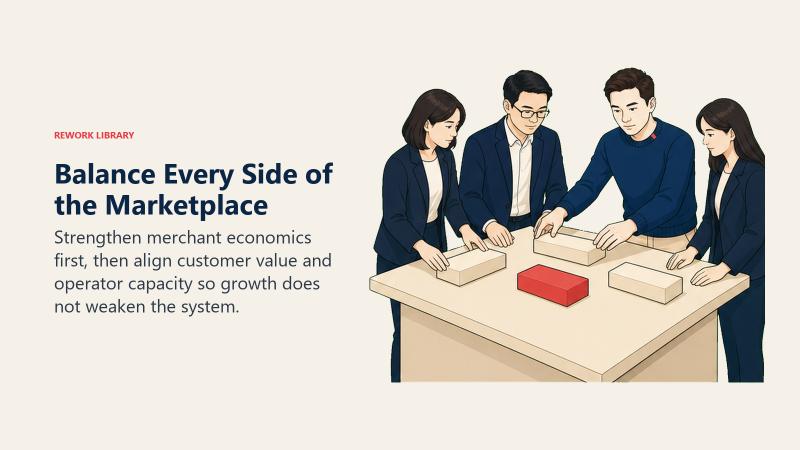 Balance Every Side of the Marketplace: Strengthen merchant economics first, then align customer value and operator capacity so growth does not weaken the system.