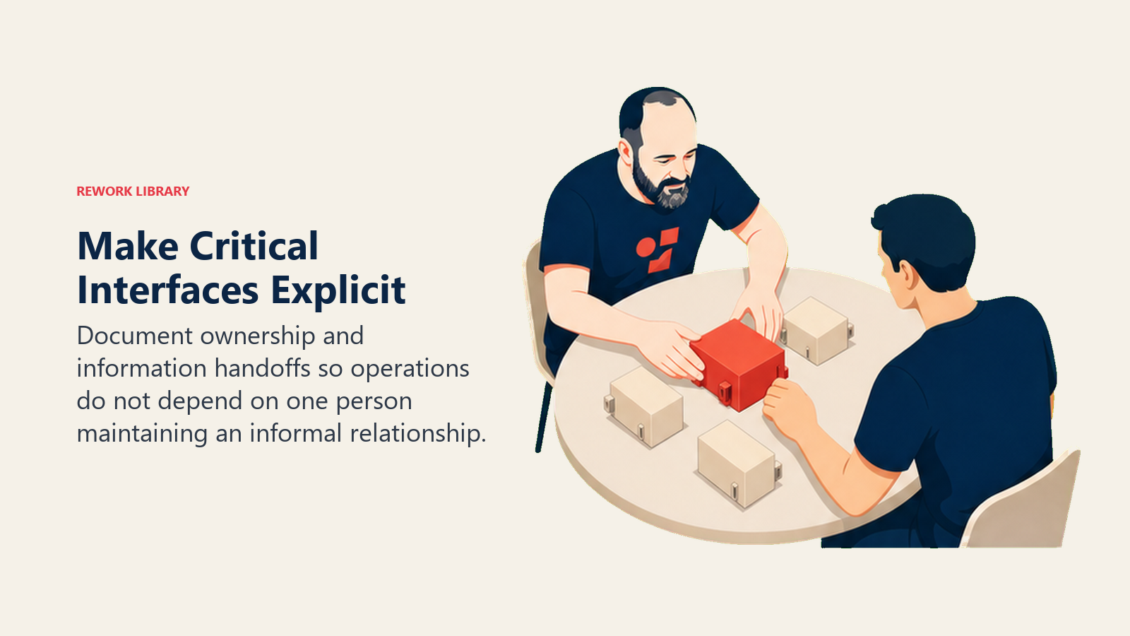 Make Critical Interfaces Explicit: Werner Vogels actively works with a coral documented handoff replacing one fragile person-to-person dependency.