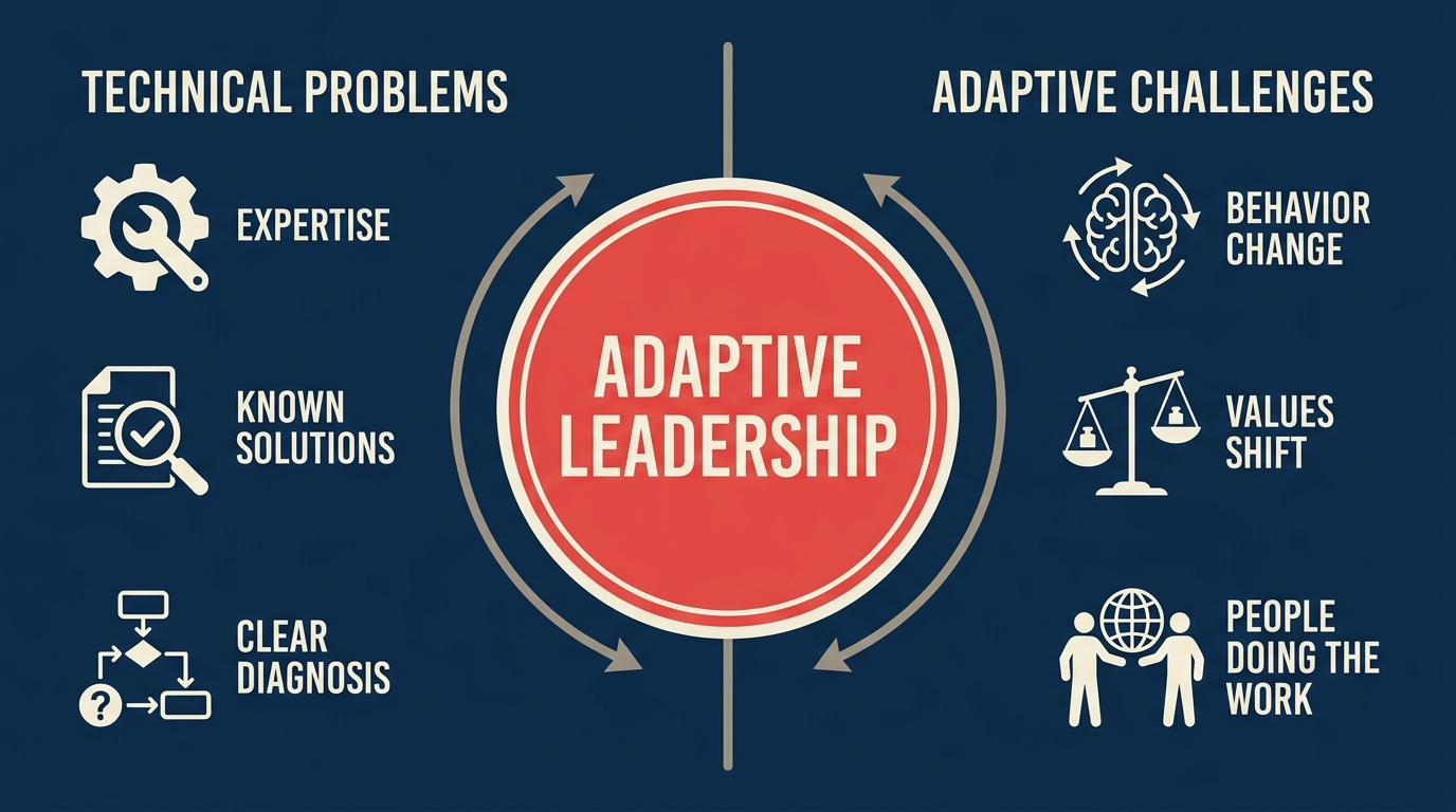 Adaptive leadership framework distinguishing technical and adaptive challenges