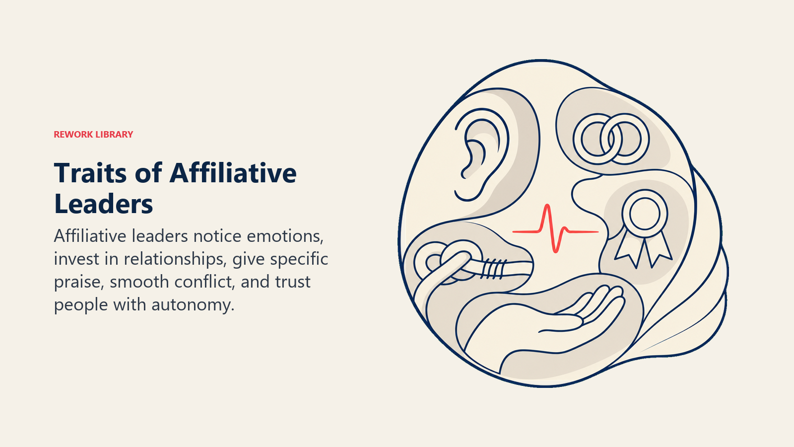 Traits of Affiliative Leaders illustrated with an open listening shell holding five distinct relational cues around one coral empathy pulse