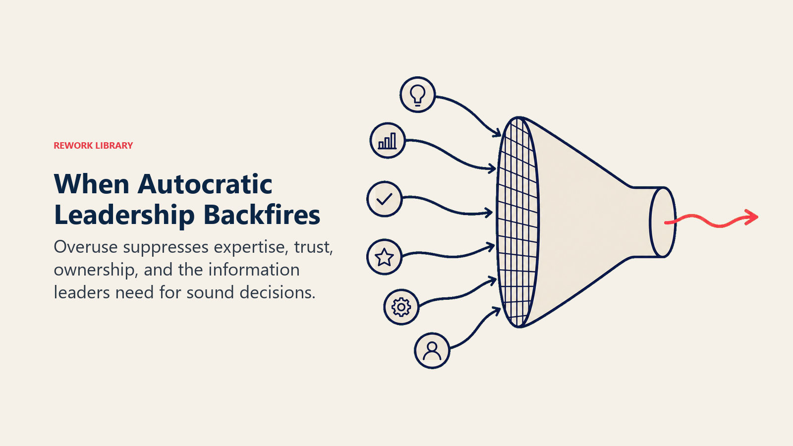 When Autocratic Leadership Backfires visual showing a closed command funnel blocking several useful signals until one coral signal escapes