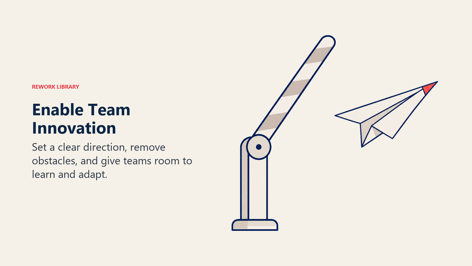 Enabling team innovation shown as a raised barrier giving a paper glider room to advance.