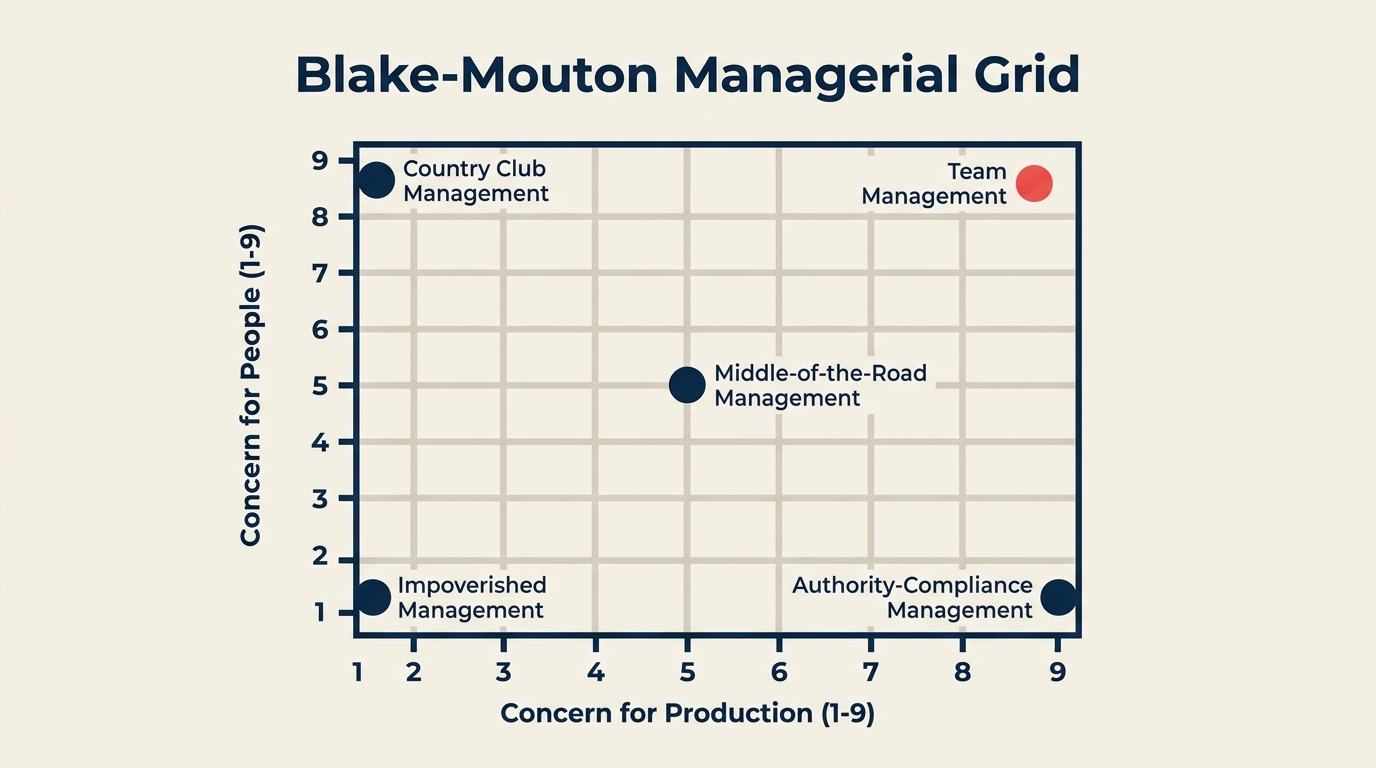 Blake-Mouton Managerial Grid showing 9x9 axes with five named styles