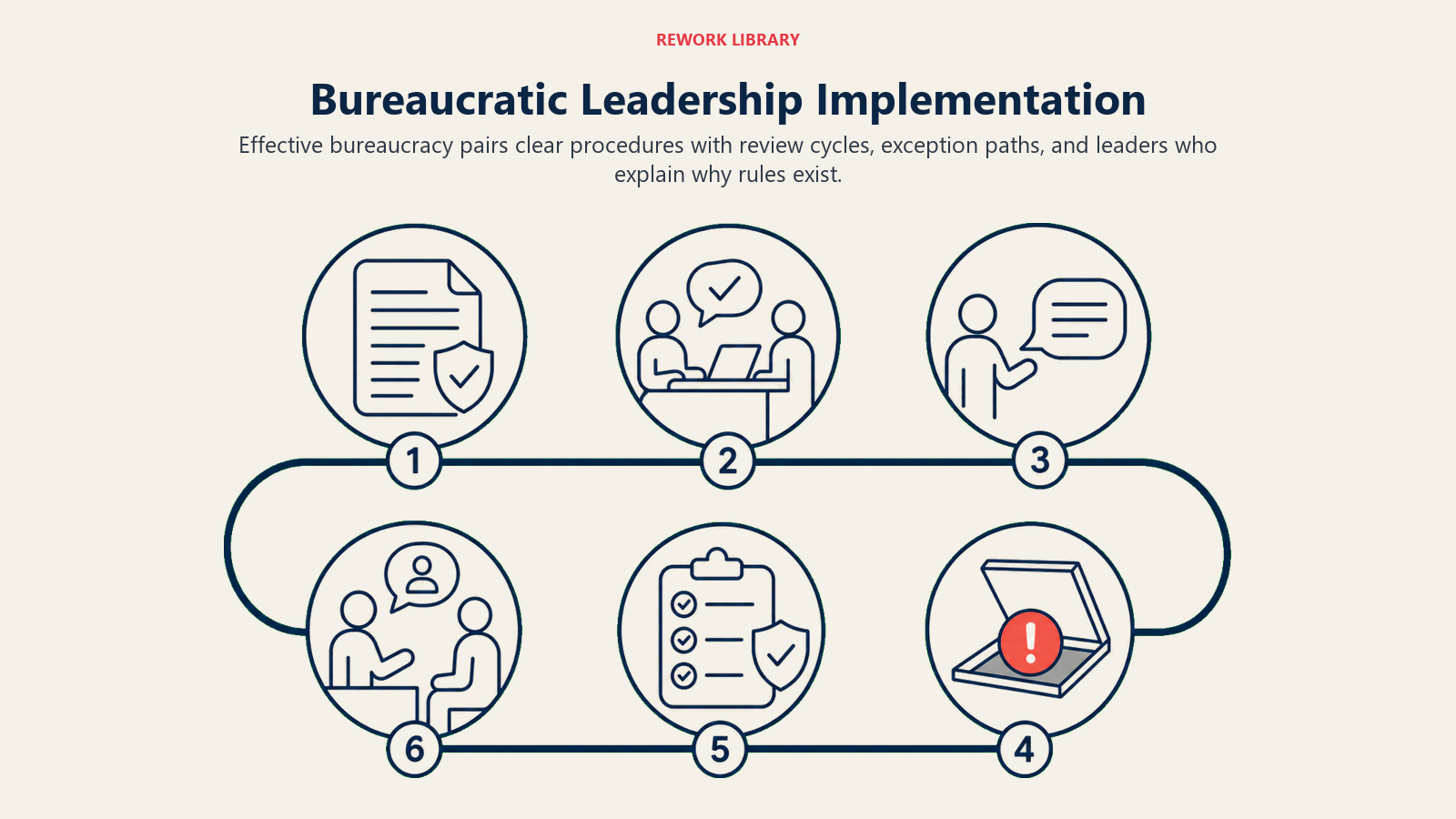 Bureaucratic Leadership Implementation illustrated with a clean six-stop route shows documentation, review, explanation, exceptions, compliance, and coaching.