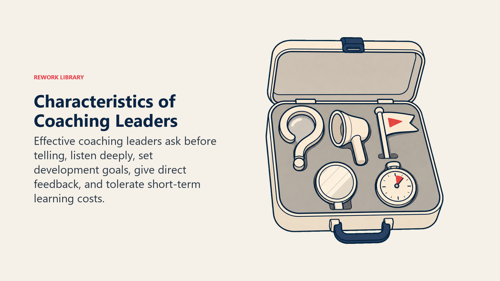 Characteristics of Coaching Leaders illustrated with an open coaching toolkit containing a question lens, listening cup, goal marker, feedback mirror, and patience clock