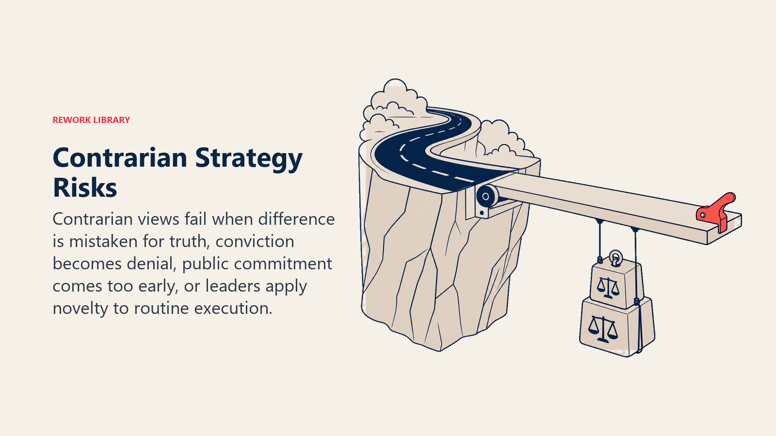 Contrarian Strategy Risks illustrated as a bold alternate route stabilized by evidence ballast and update hinges