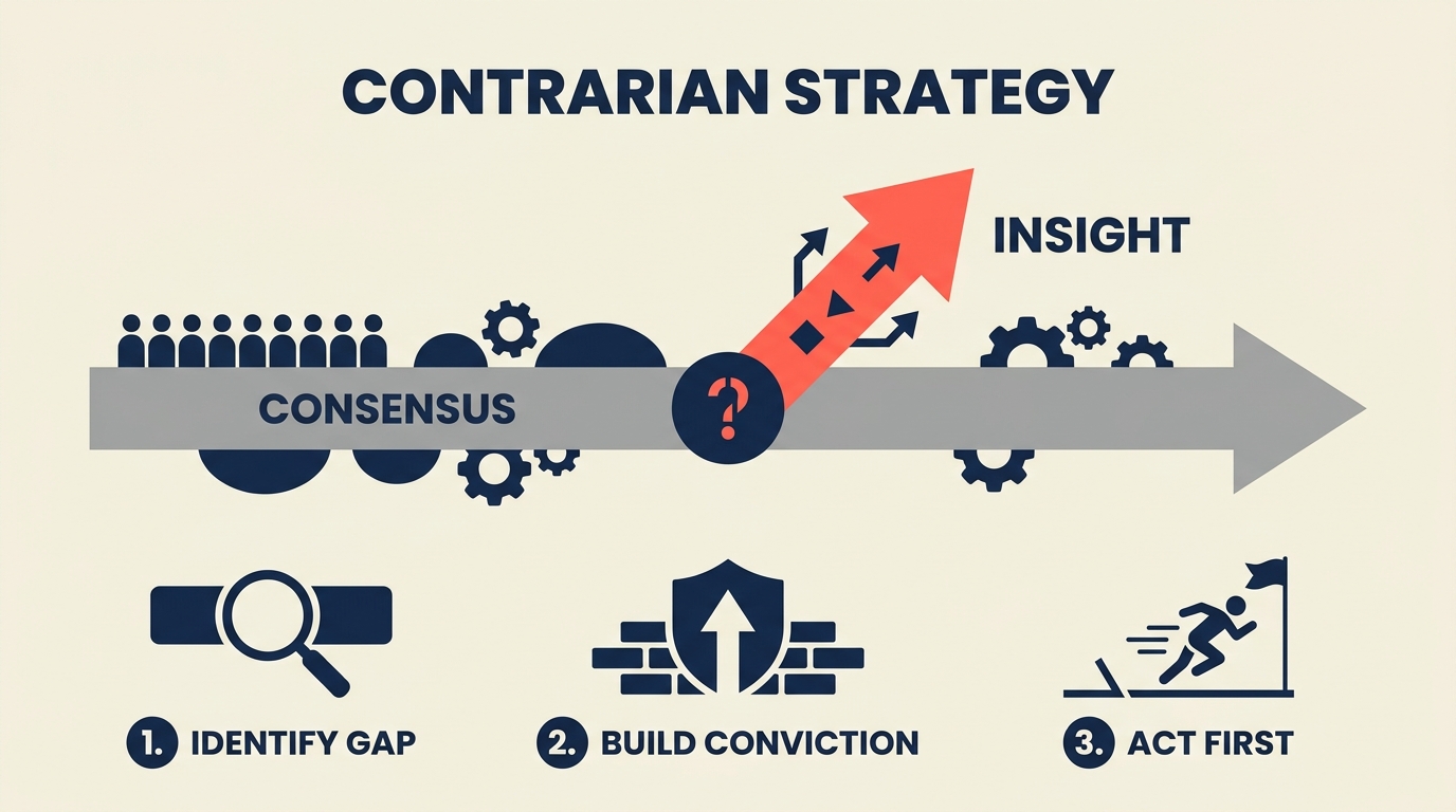 Contrarian strategy framework showing how leaders identify consensus gaps and build conviction