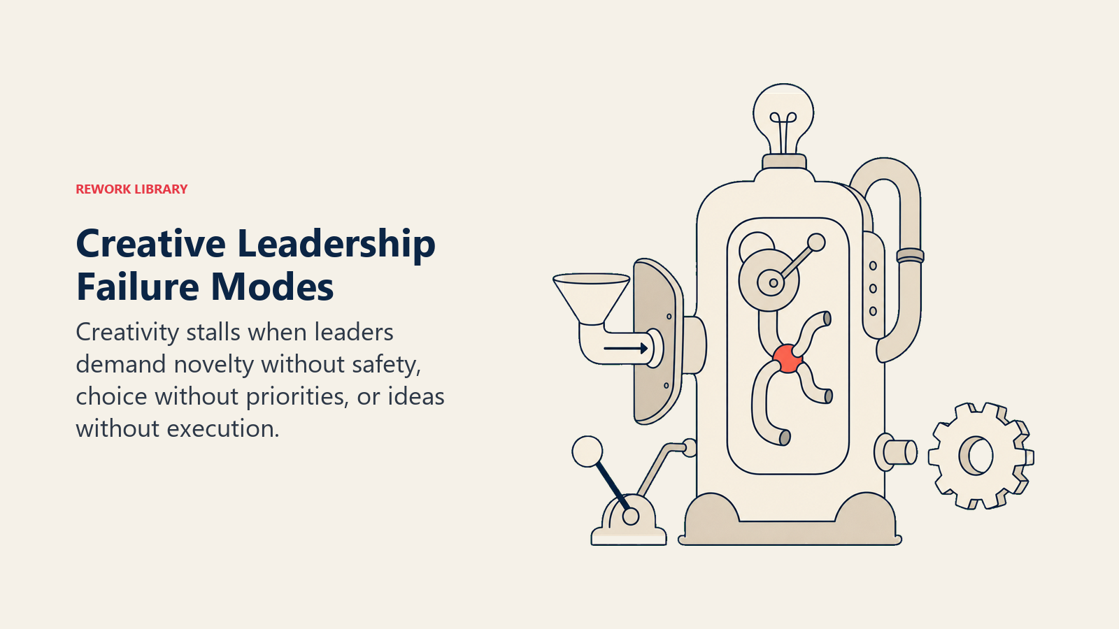 Creative Leadership Failure Modes shown as a machine jammed by three different structural mismatches