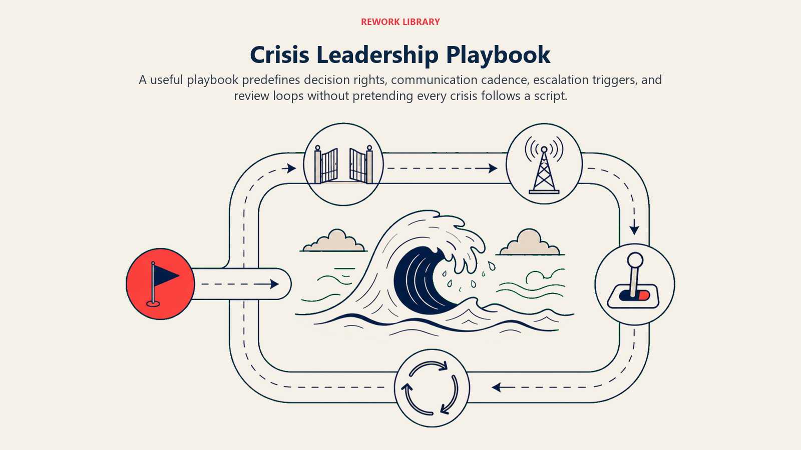 Crisis Leadership Playbook illustrated with a wide emergency route moves through a decision gate, communication beacon, escalation switch, and learning loop around an unpredictable central wave, with one coral command marker