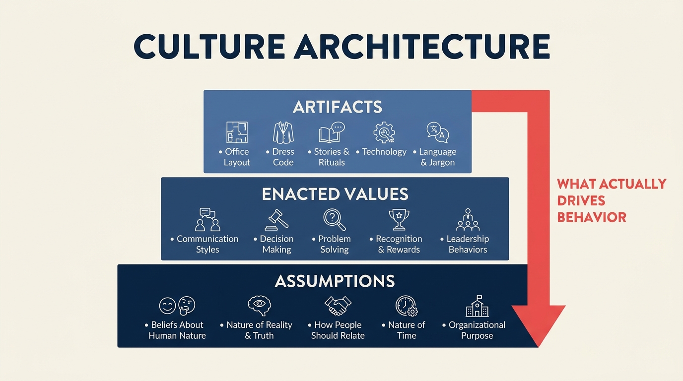 Culture architecture framework showing how leaders design organizational systems to create intended culture