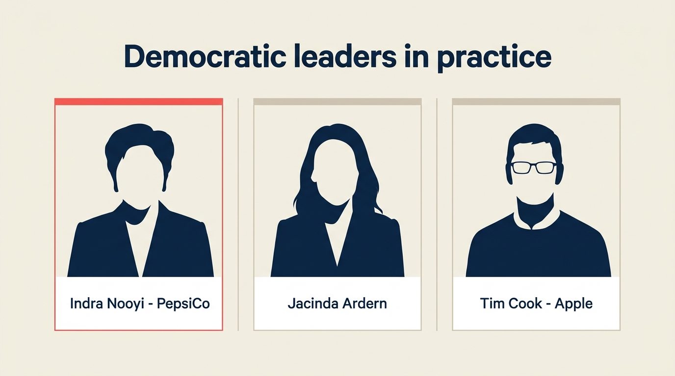 Examples of democratic leaders including Indra Nooyi, Jacinda Ardern, and Tim Cook
