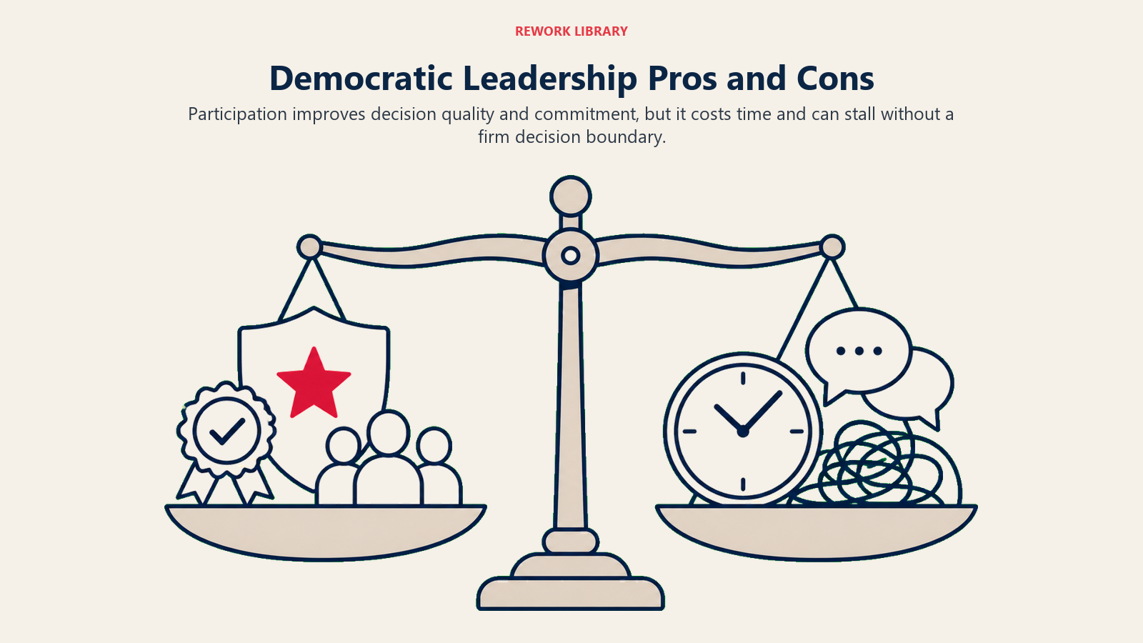 Democratic Leadership Pros and Cons illustrated with a restrained balance scale shows the quality and engagement upside against speed and paralysis risk.