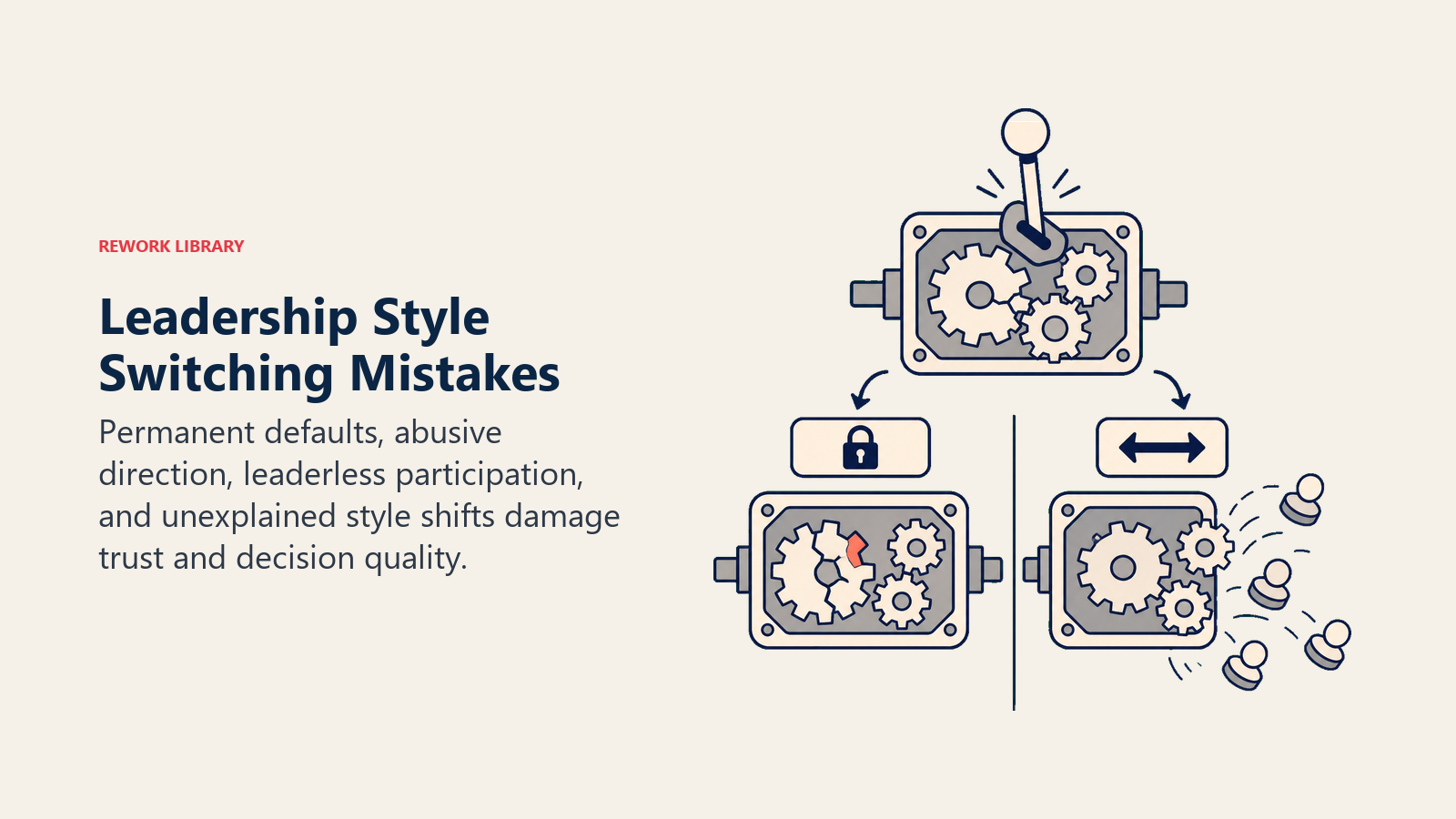 Leadership Style Switching Mistakes: gearbox with two modes where a stuck lever cracks one gear and an unmarked sudden shift scatters team tokens, with one coral warning