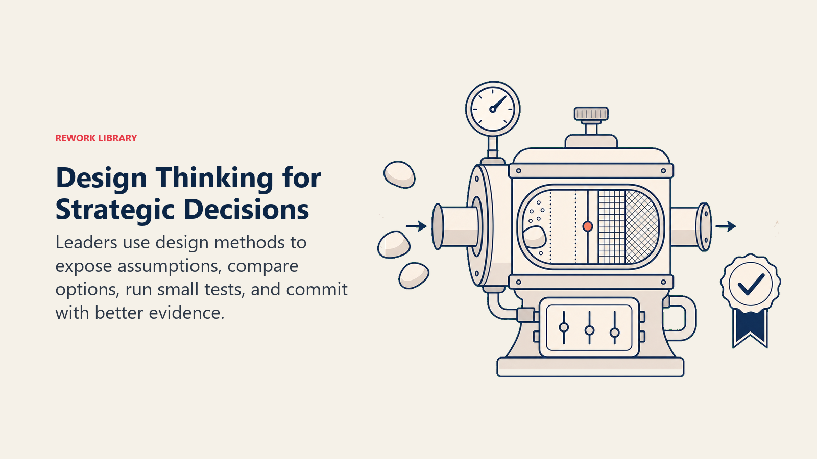 Design Thinking for Strategic Decisions: strategy table with assumption stones passing through a coral test chamber before only one evidence-backed option reaches a commitment