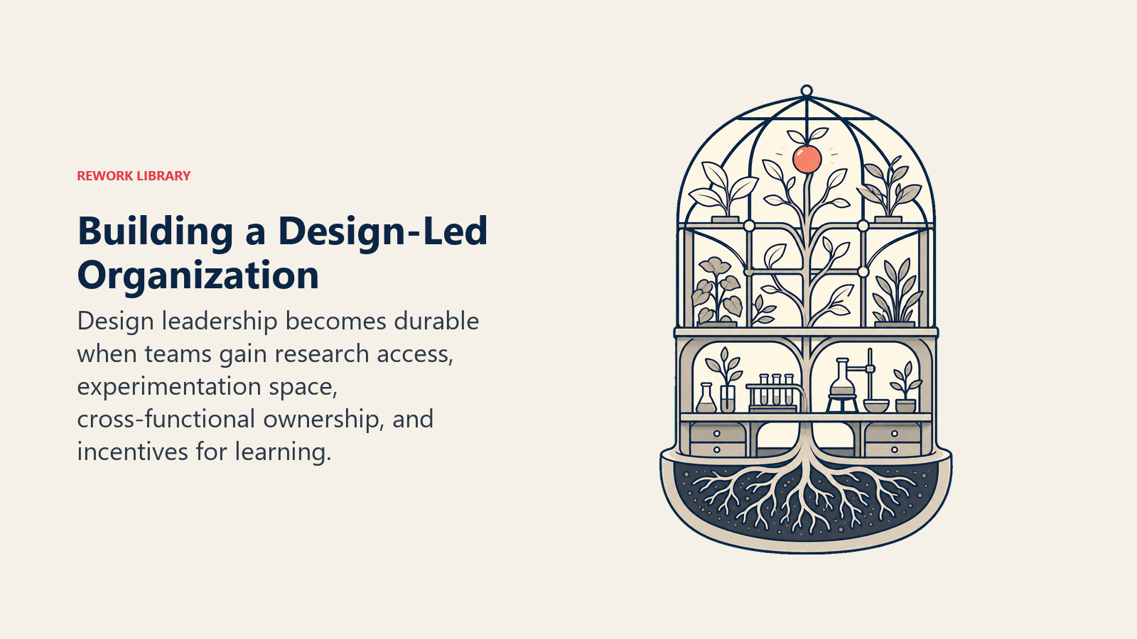 Building a Design-Led Organization: layered organization greenhouse: research roots, experimentation bench, cross-functional trellis, and a coral learning fruit at the