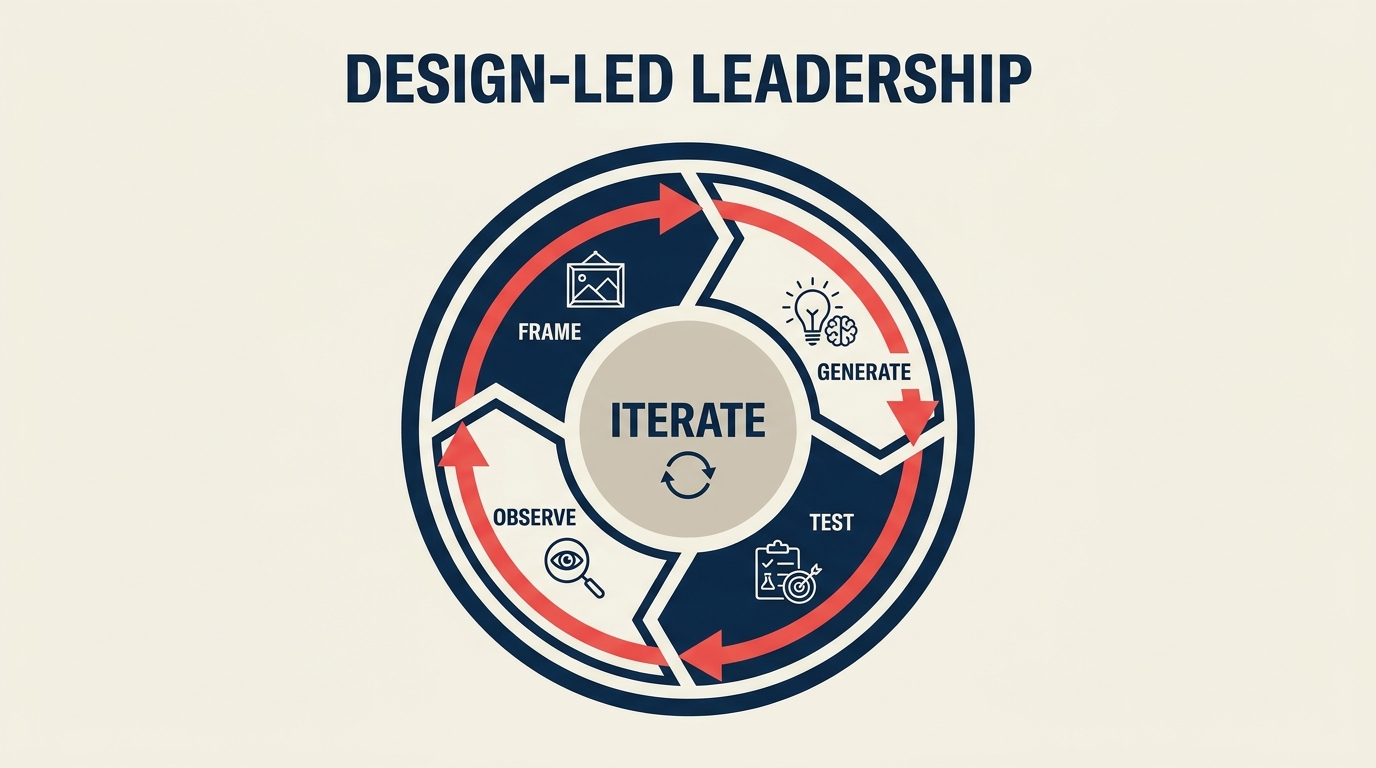 Design-led leadership framework showing how design thinking applies to organizational strategy and decision-making