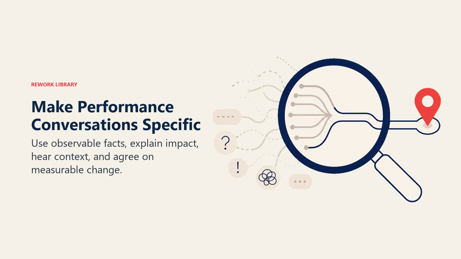 Make Performance Conversations Specific shown as an evidence lens focusing a fuzzy signal into a clear path
