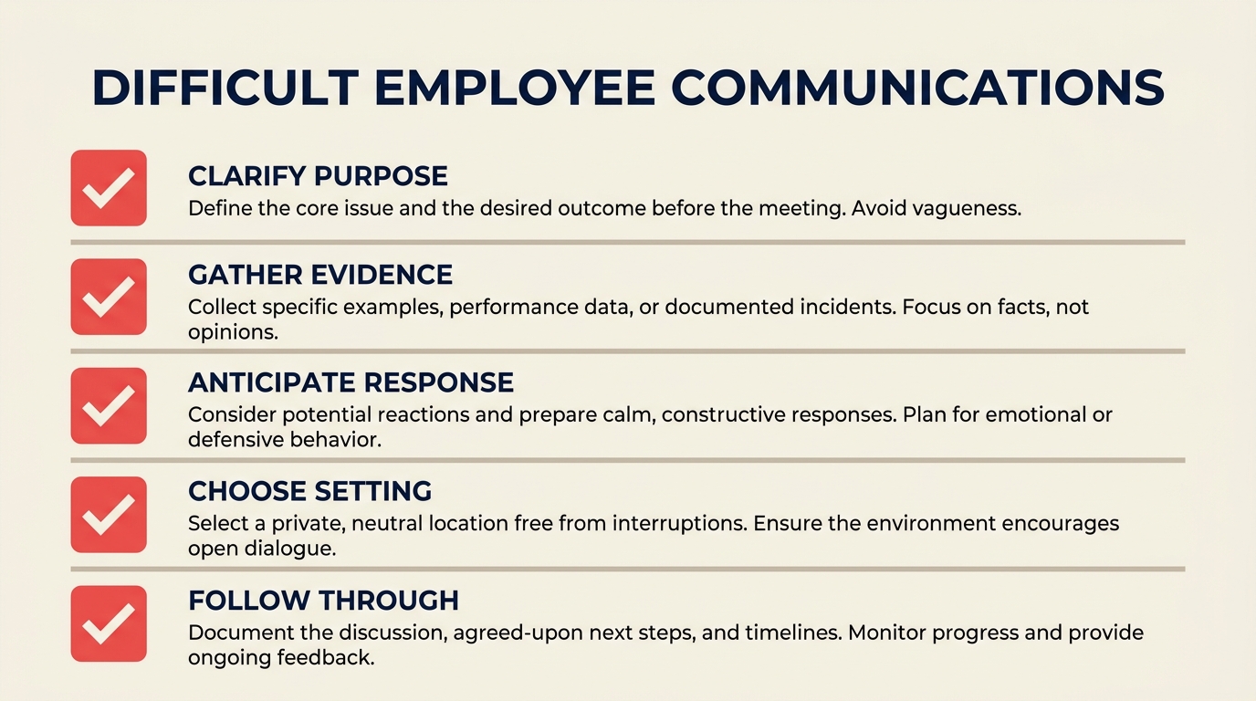 Difficult employee communications framework showing how leaders prepare for and conduct hard conversations