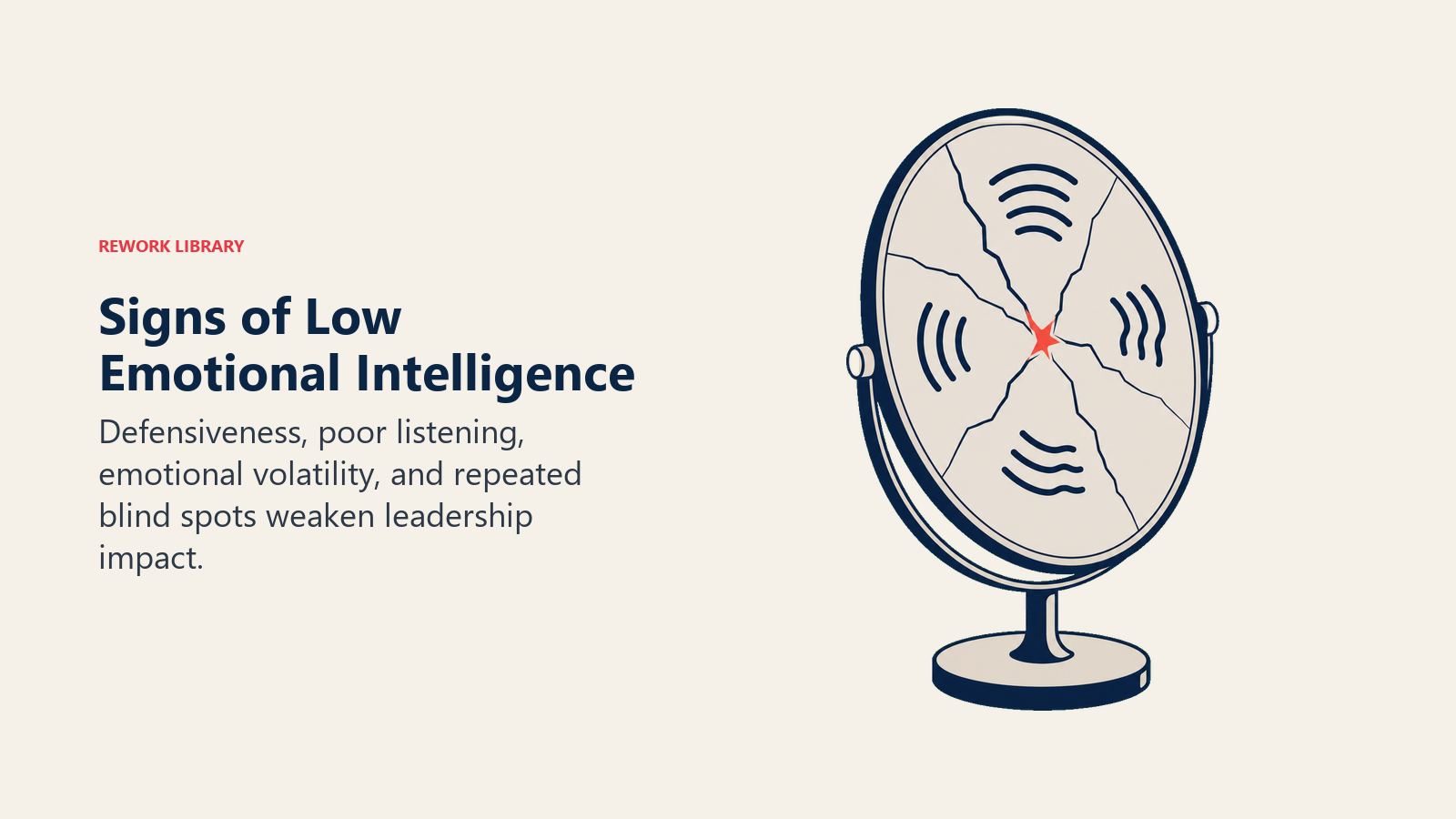 Signs of Low Emotional Intelligence visual showing a cracked feedback mirror reflecting four distorted signal marks around one coral fracture