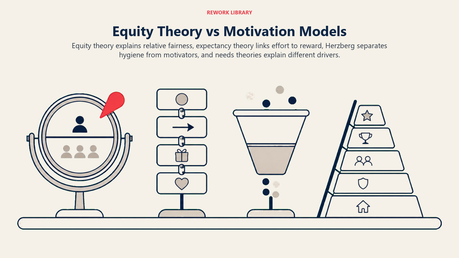 Equity Theory vs Motivation Models illustrated as four different diagnostic instruments examining motivation