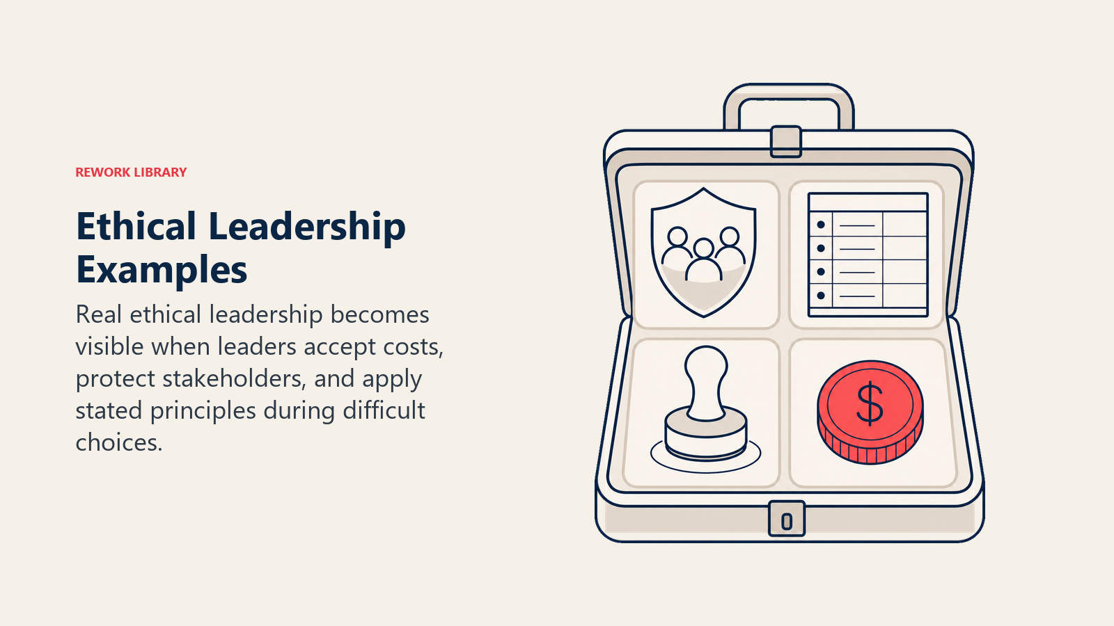 Ethical Leadership Examples illustrated with a curated evidence case holds four different decision artifacts: a stakeholder shield, transparent ledger, responsibility stamp, and one coral cost token