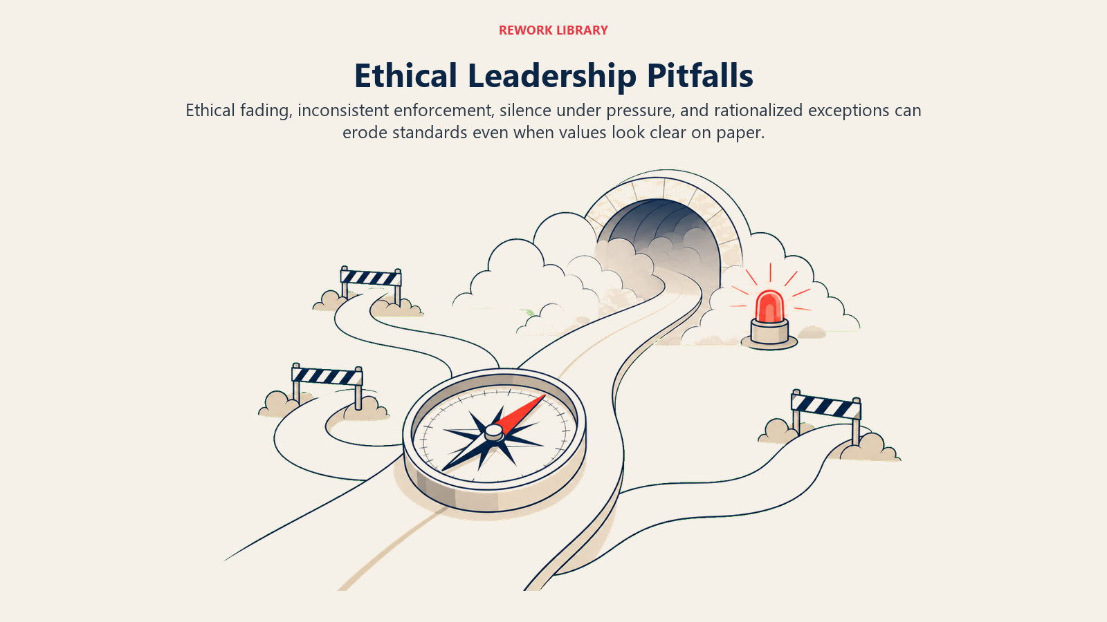 Ethical Leadership Pitfalls illustrated with a polished compass passes through a fogged tunnel where several tempting shortcuts peel away, while one coral warning light preserves the true route