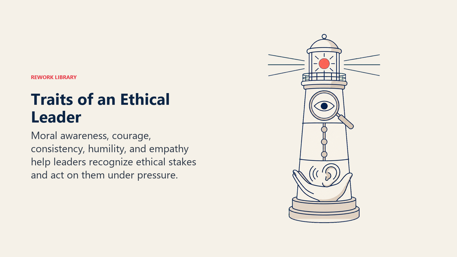 Traits of an Ethical Leader illustrated with a lighthouse-like leadership instrument combines an awareness lens, steady spine, listening cup, and one coral courage beacon