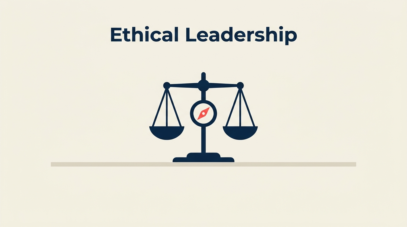 Ethical leadership shown as a balanced scale over a compass