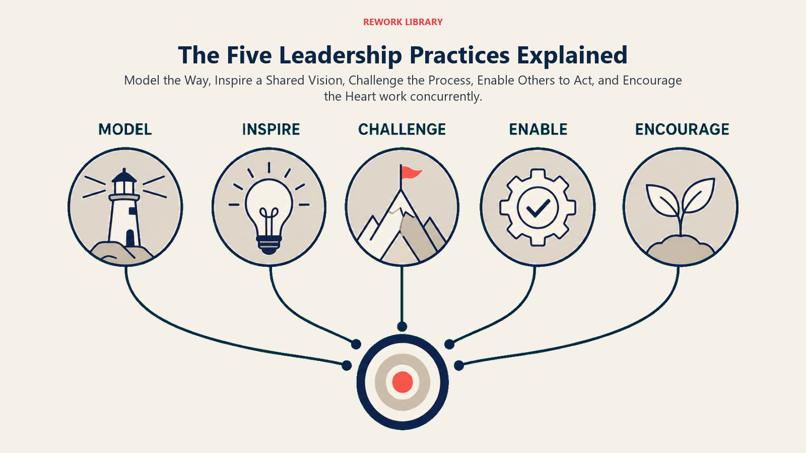 The Five Leadership Practices Explained illustrated with five concurrent arcs feeding a shared leadership field