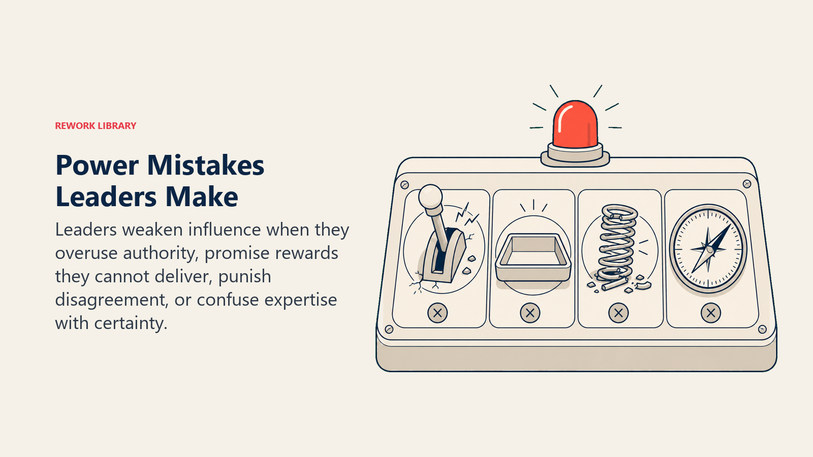 Power Mistakes Leaders Make illustrated with an influence control console has four physical failure points: a jammed lever, empty reward tray, crushed dissent spring, and overconfident compass, marked by one coral warning lamp