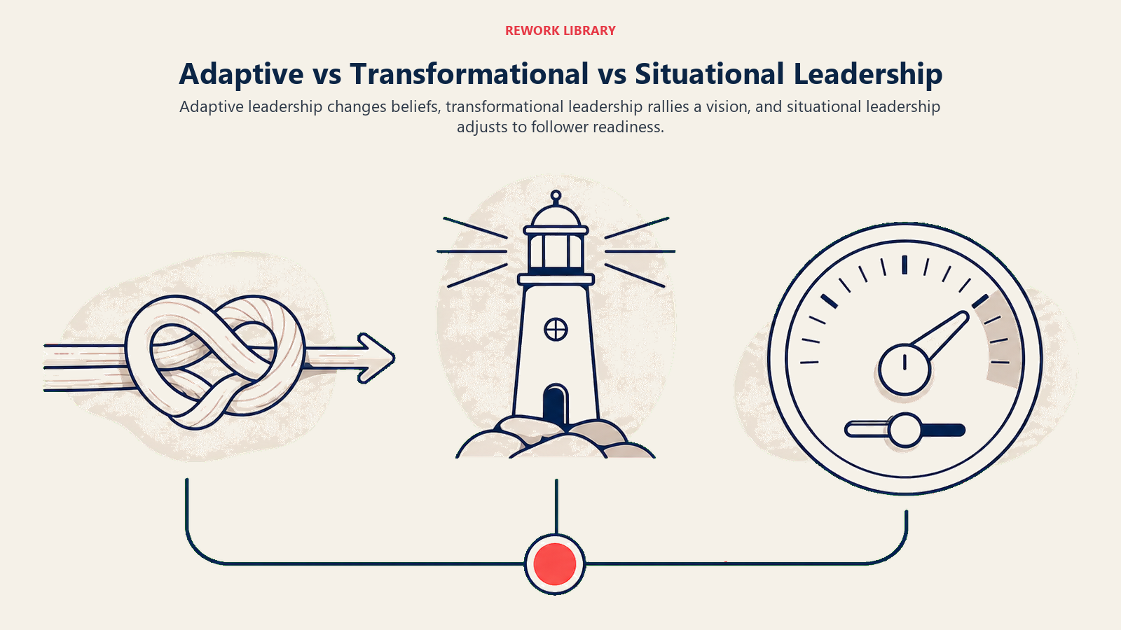 Adaptive transformational and situational leadership shown as a change knot vision beacon and readiness dial