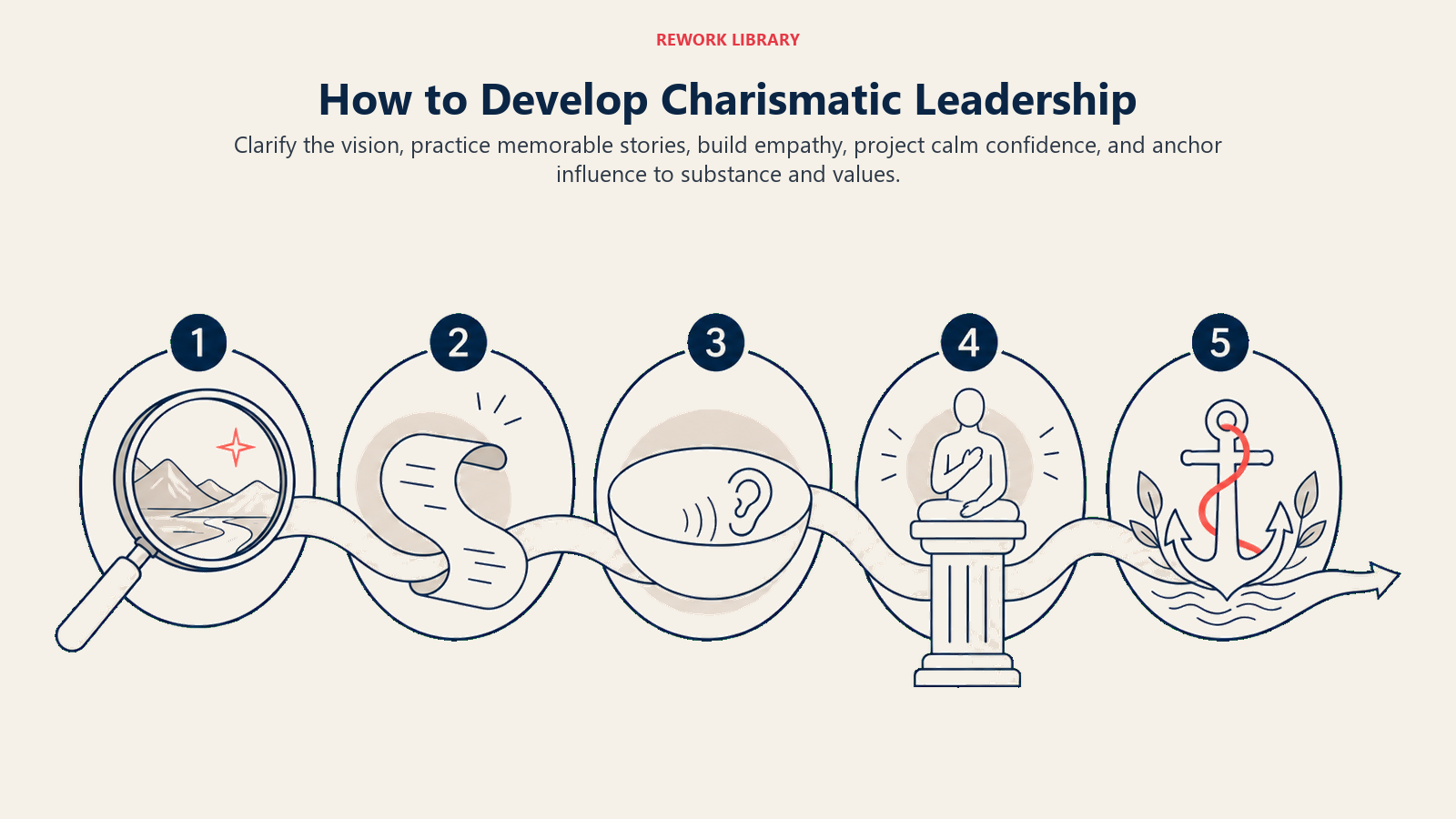 How to develop charismatic leadership shown as five stages from vision to values