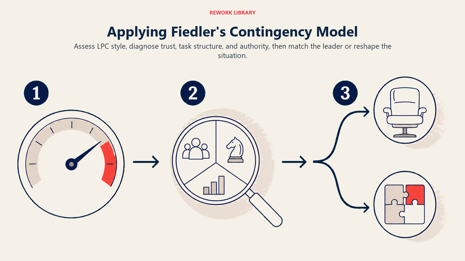 Applying Fiedler contingency model shown as style assessment situation diagnosis and a match-or-reshape fork