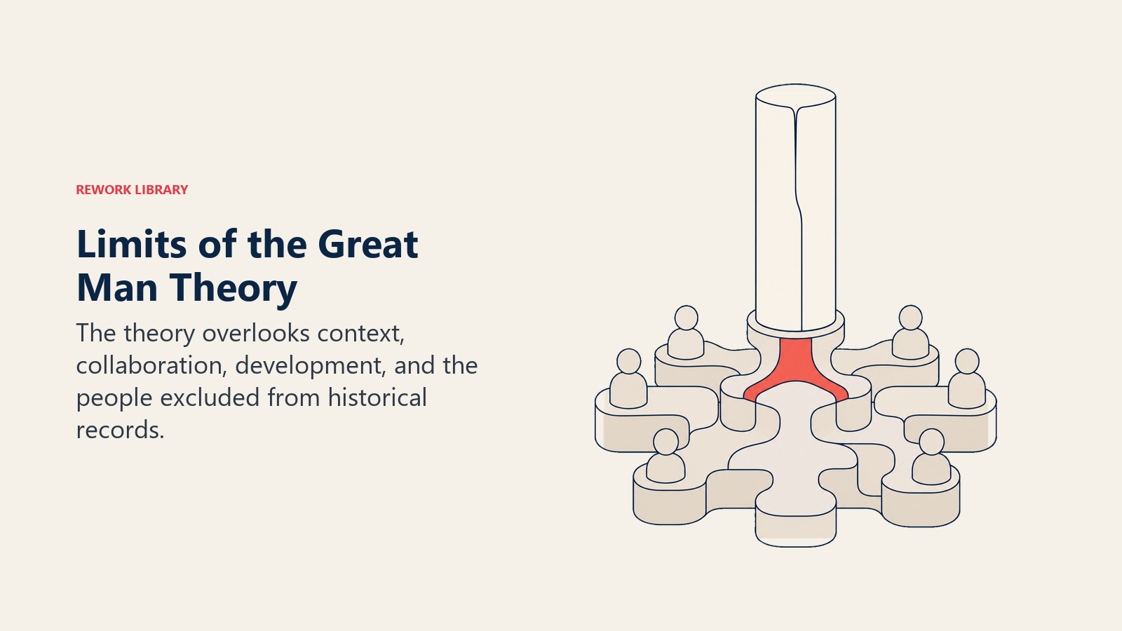 Limits of the Great Man Theory shown as a cracked single pillar replaced by a distributed foundation