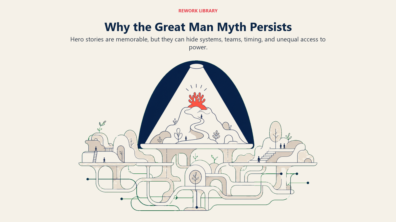 Why the Great Man Myth Persists shown as a wide spotlight on one peak while hidden supports become visible