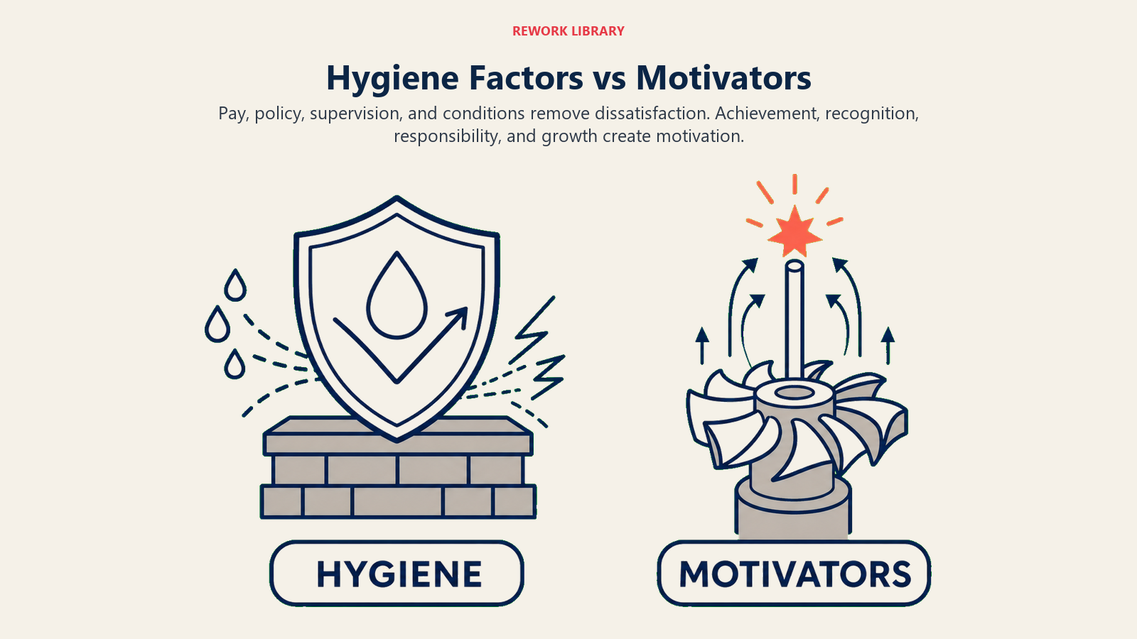 Hygiene Factors vs Motivators: wide two-field comparison: left a protective foundation shield stopping leaks and friction, right an upward turbine powered by a single