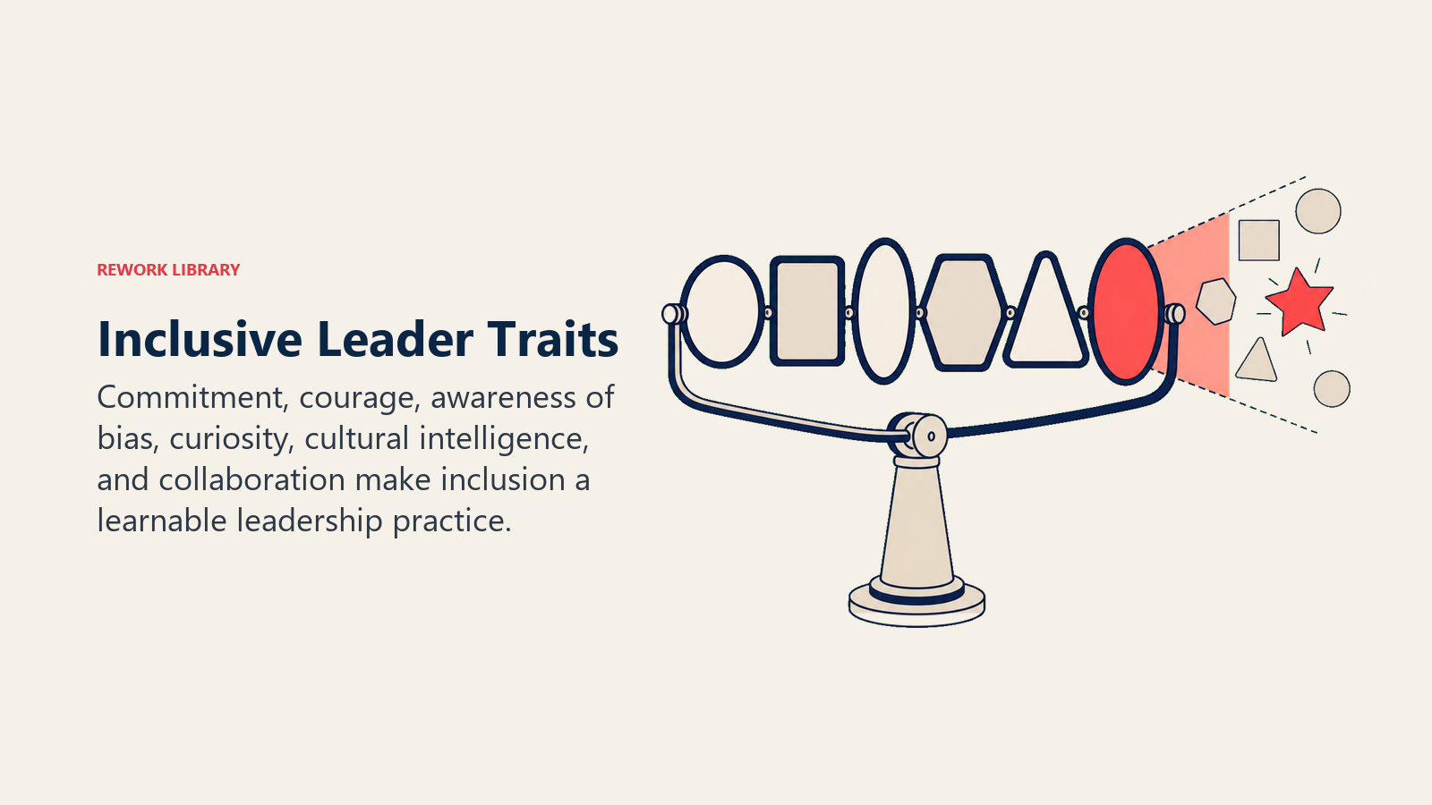 Inclusive Leader Traits illustrated with six differently shaped lenses form a respectful viewing instrument, with one coral lens revealing a previously hidden contribution