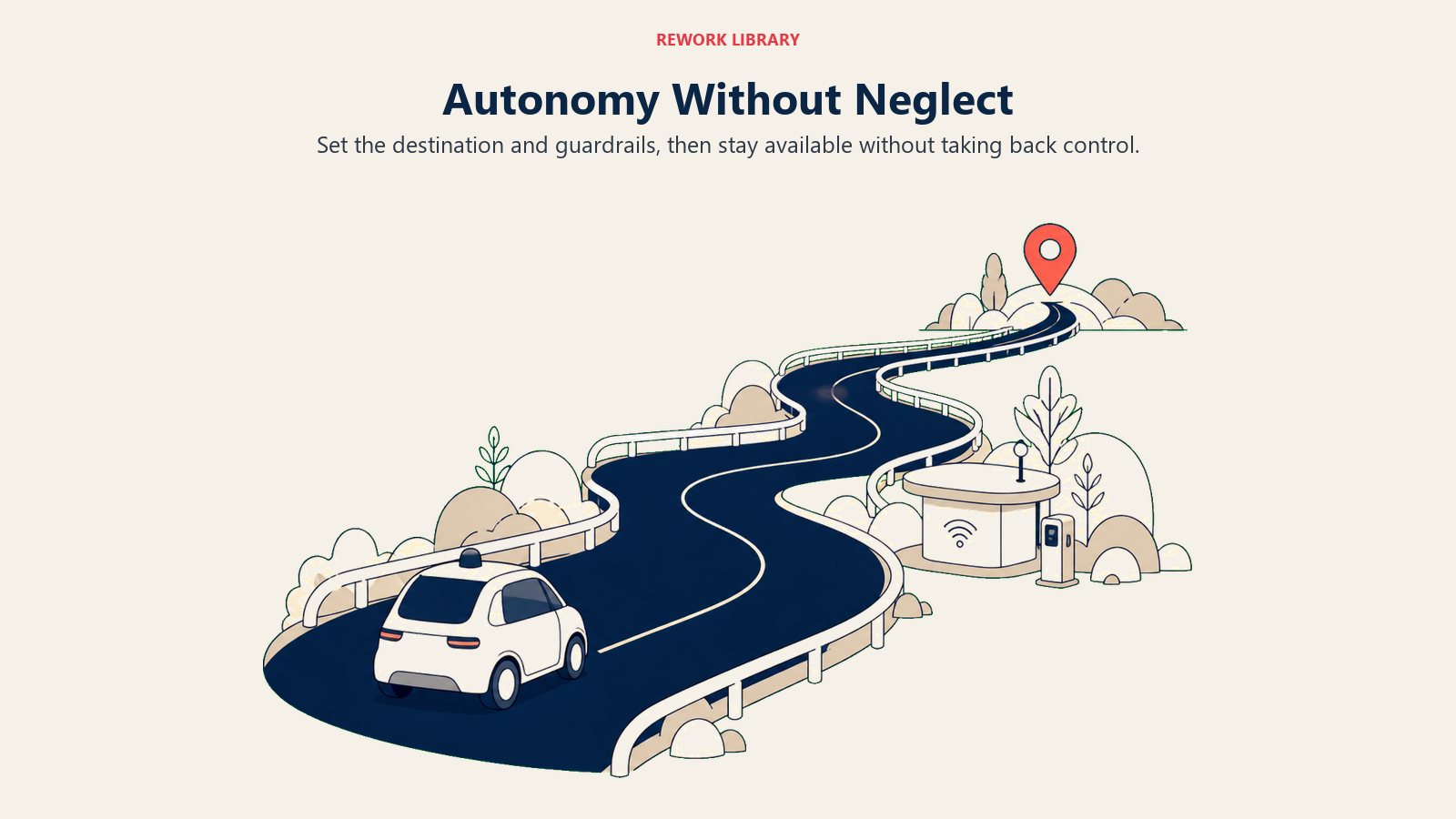 Autonomy Without Neglect shown as a wide autonomous route inside visible guardrails