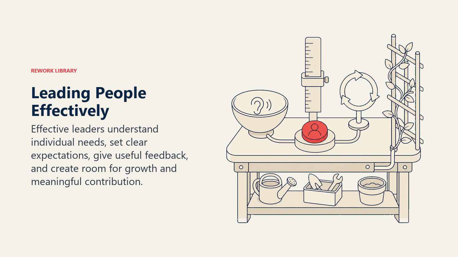 Leading People Effectively illustrated with a coaching workbench combines a listening vessel, expectation ruler, feedback loop, and growth trellis around one coral contribution token