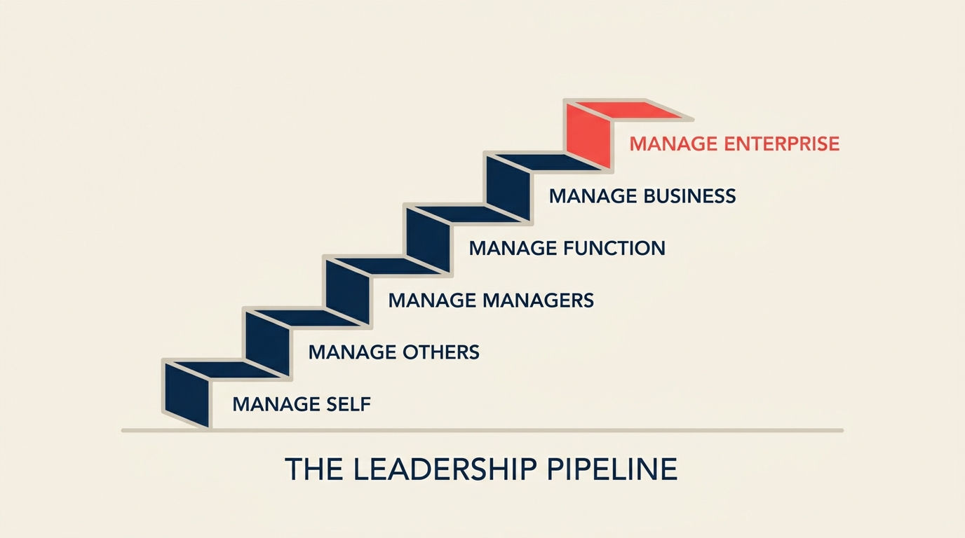 The leadership pipeline model showing six staircase passages from individual contributor to enterprise manager