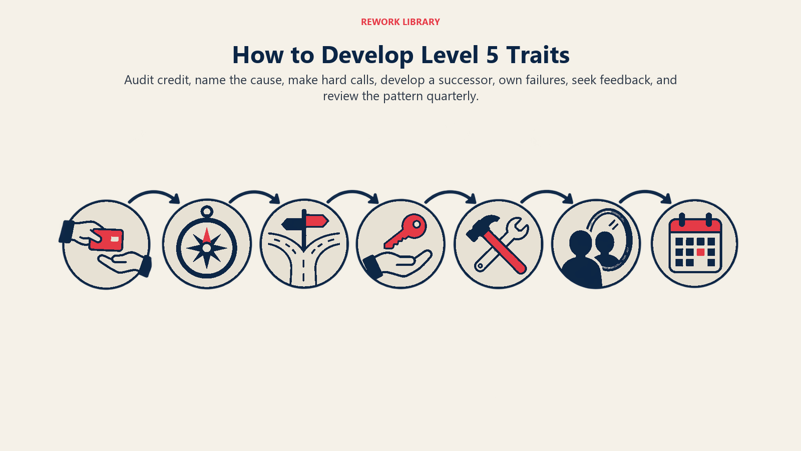 How to Develop Level 5 Traits: Audit credit, name the cause, make hard calls, develop a successor, own failures, seek feedback, and review the pattern quarterly.