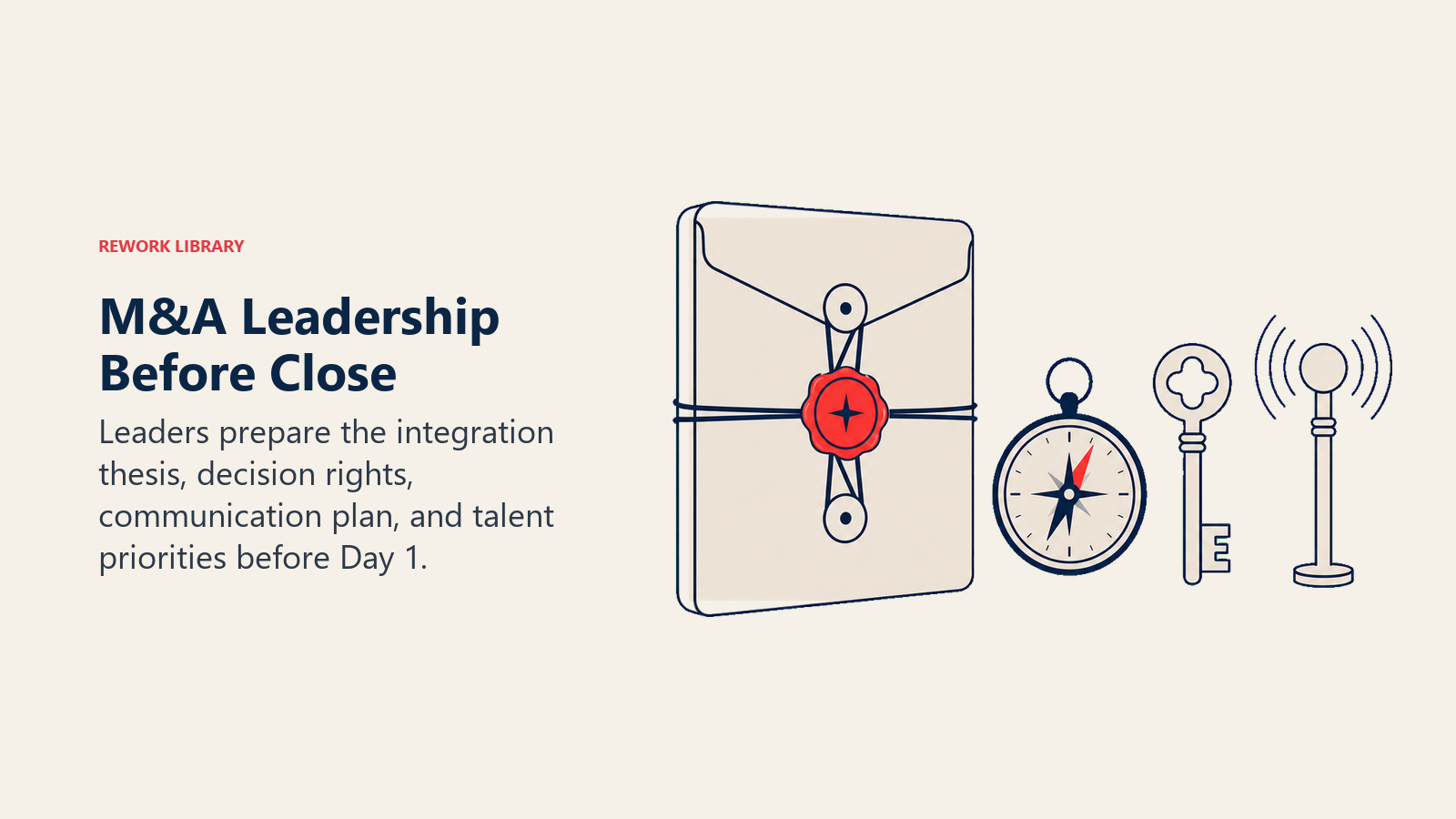 M&A Leadership Before Close visual showing a sealed integration brief beside four prepared instruments: compass, decision key, message signal, and talent marker